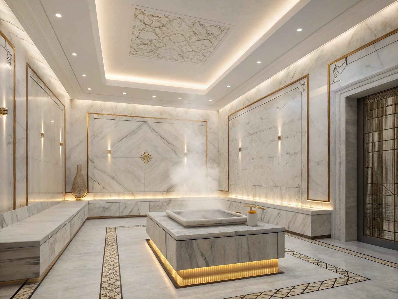 Traditionele hammamruimte met marmeren details en stoom